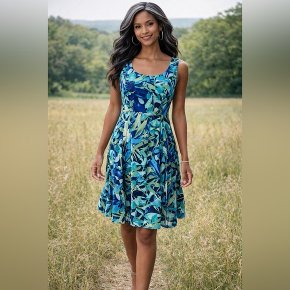 connected apparel Dresses & Skirts - Connected Dress Blue Green 12 A Line Scoop Flowy Sleeveless Tropical Washable